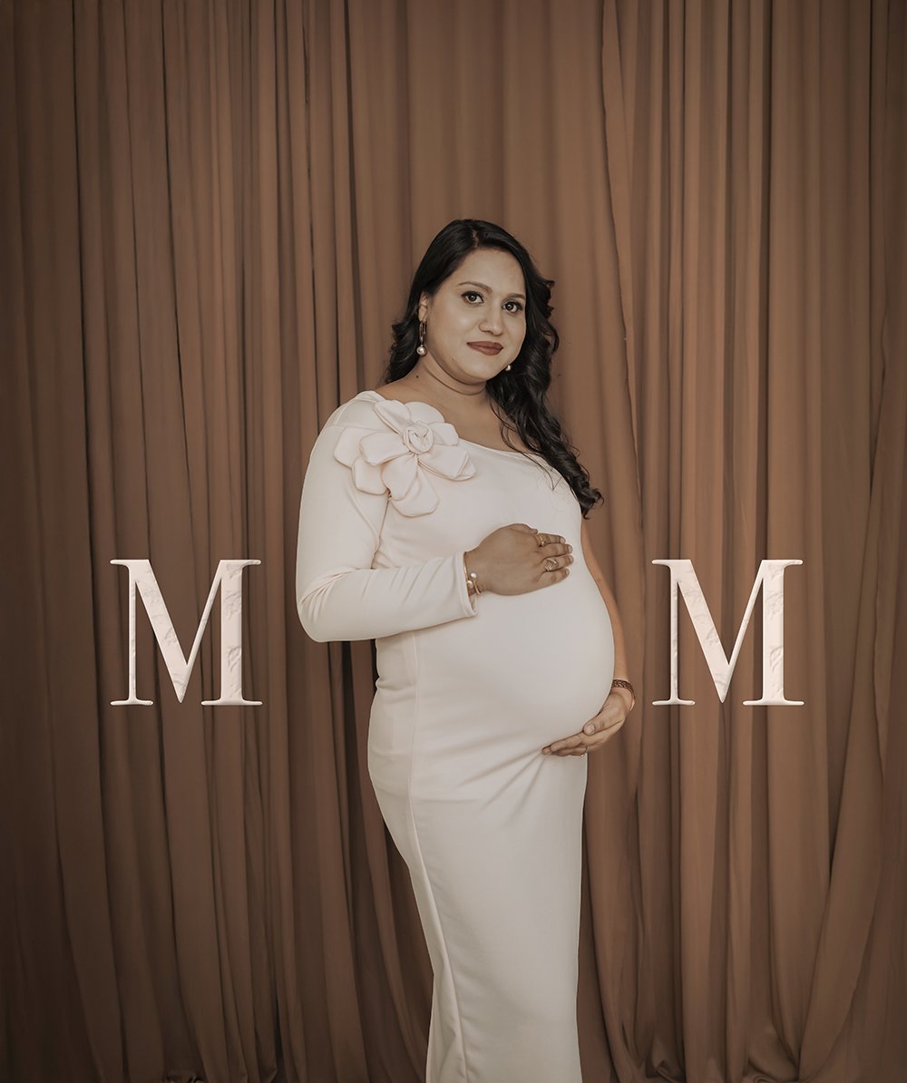 Styled maternity portrait with mom lettering
